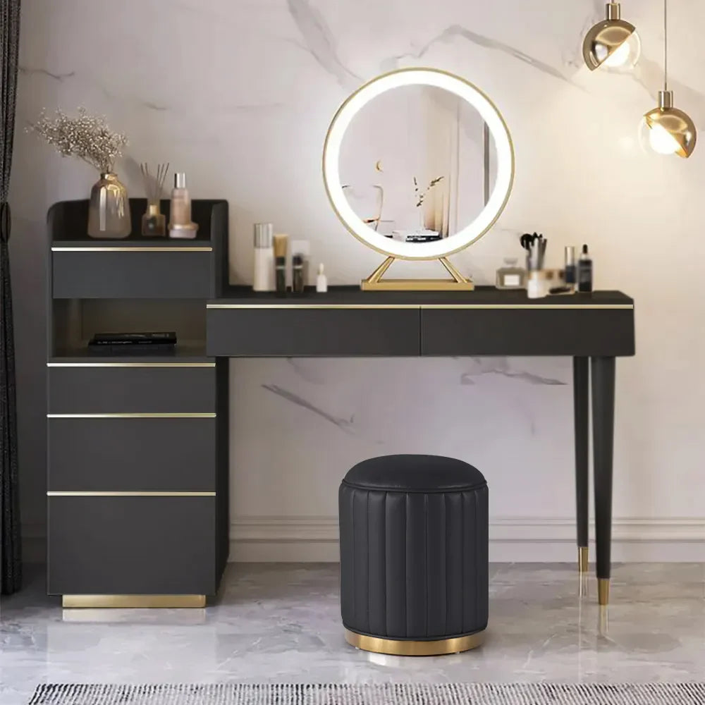 Modern Black Makeup Vanity Set with Lighted Mirror and Stool-Wooden Crest