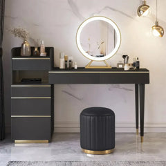Modern Black Makeup Vanity Set with Lighted Mirror and Stool-Wooden Crest