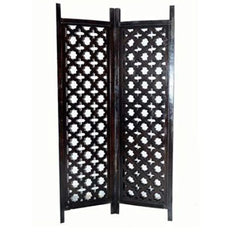 Antique Three-Panel Room Divider with Moroccan Lattice Design-Wooden Crest