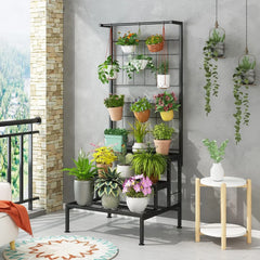 Modern Grid Panel Plant Stand with Hanging Display-Wooden Crest