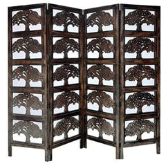 Heritage Four-Panel Room Divider with Antique Lattice Design-Wooden Crest
