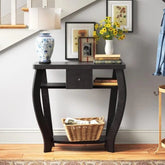 French Provincial Console Table with Curved Legs and Storage-Wooden Crest