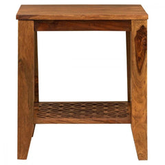 Modern Geometric Side Table with Carved Lattice Shelf-Wooden Crest