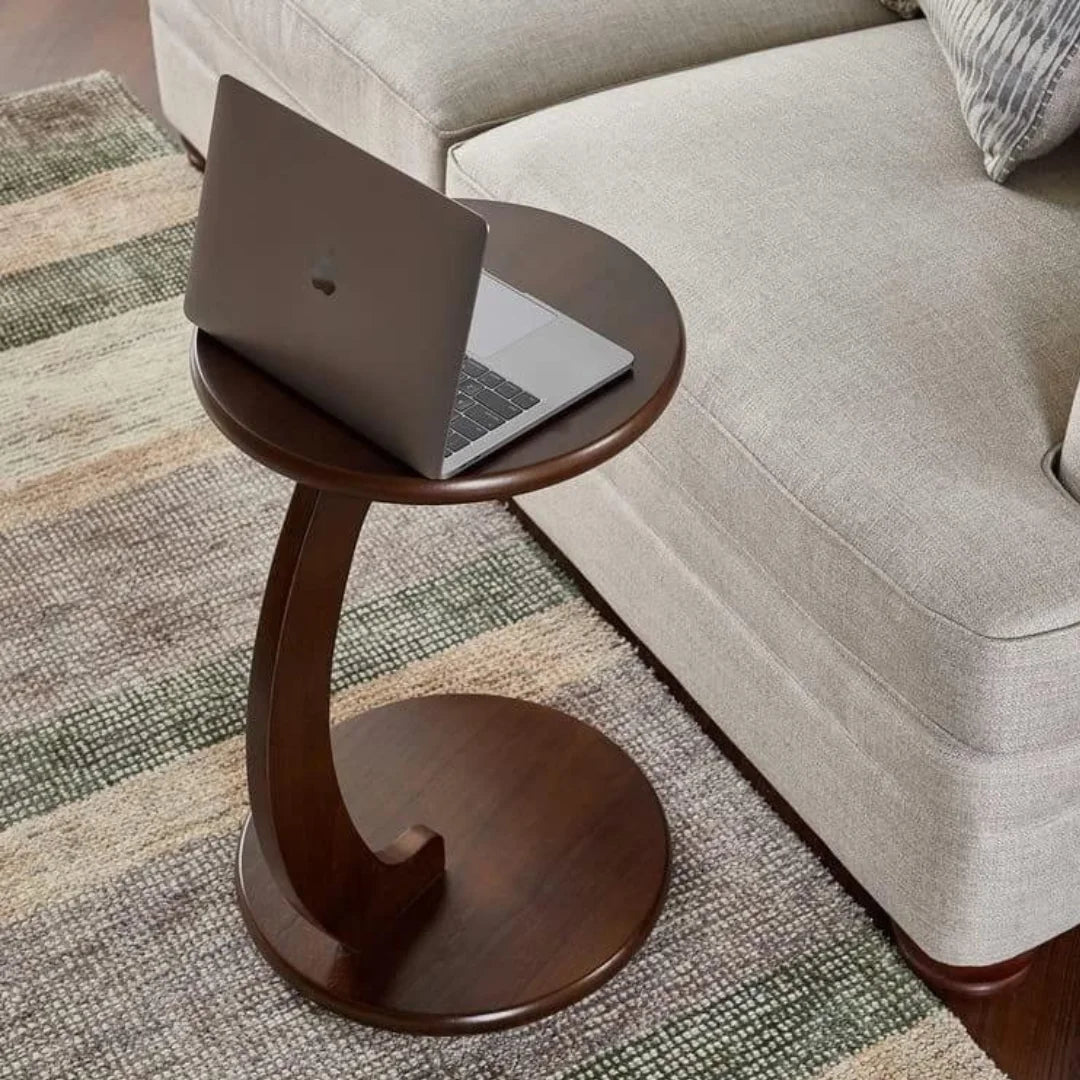Modern C-Shape Round Sofa Side Table with Curved Pedestal Base-Wooden Crest