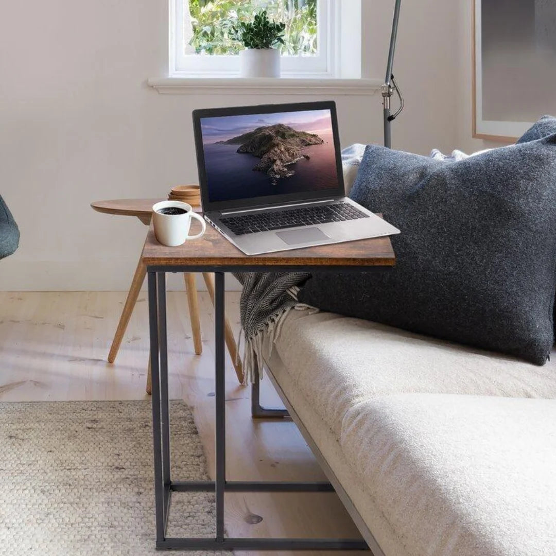 Industrial C-Shape Laptop Table with Metal Frame-Wooden Crest