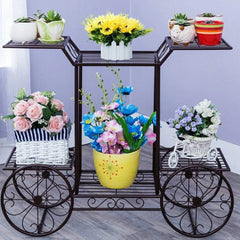 European-Style Cart Plant Stand with Six Display Tiers-Wooden Crest