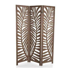 Traditional Three-Panel Room Divider with Palm Frond Design-Wooden Crest