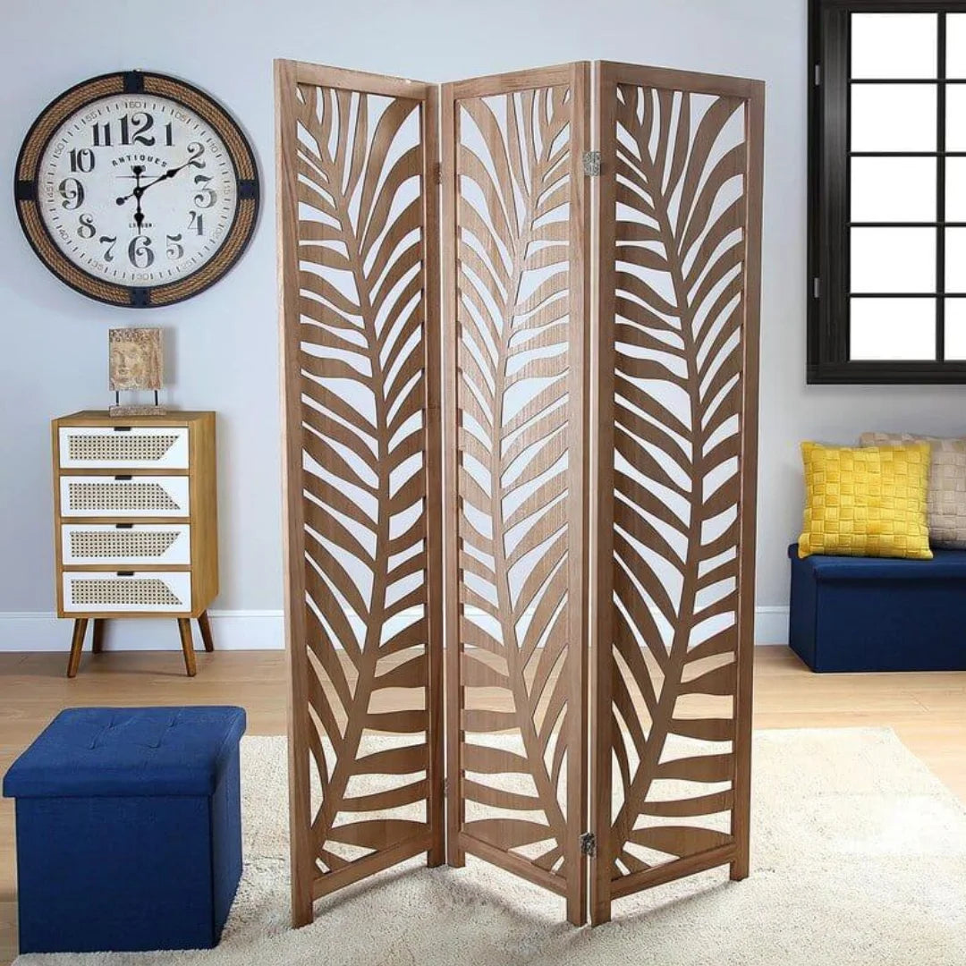 Traditional Three-Panel Room Divider with Palm Frond Design-Wooden Crest