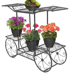 European-Style Cart Plant Stand with Six Display Tiers-Wooden Crest
