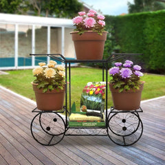 European-Style Cart Plant Stand with Six Display Tiers-Wooden Crest