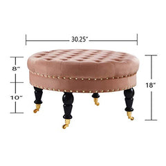 Round Tufted Button Velvet Ottoman Coffee Table-Wooden Crest