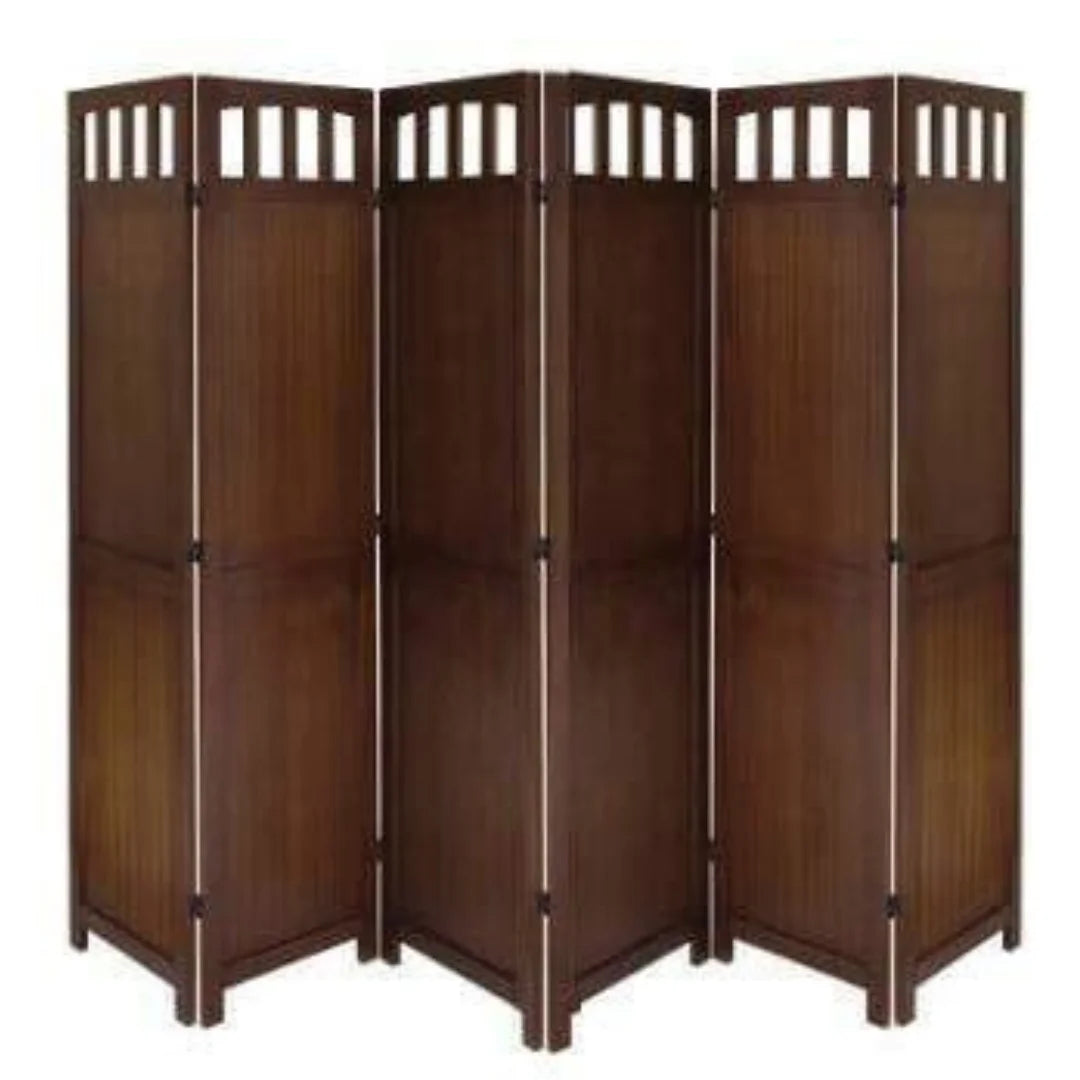 Traditional Five-Panel Room Divider with Floral Lattice Design-Wooden Crest