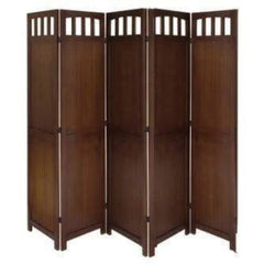 Traditional Five-Panel Room Divider with Floral Lattice Design-Wooden Crest