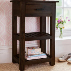 Mission Style Corner Table with Storage Drawer and Shelves-Wooden Crest