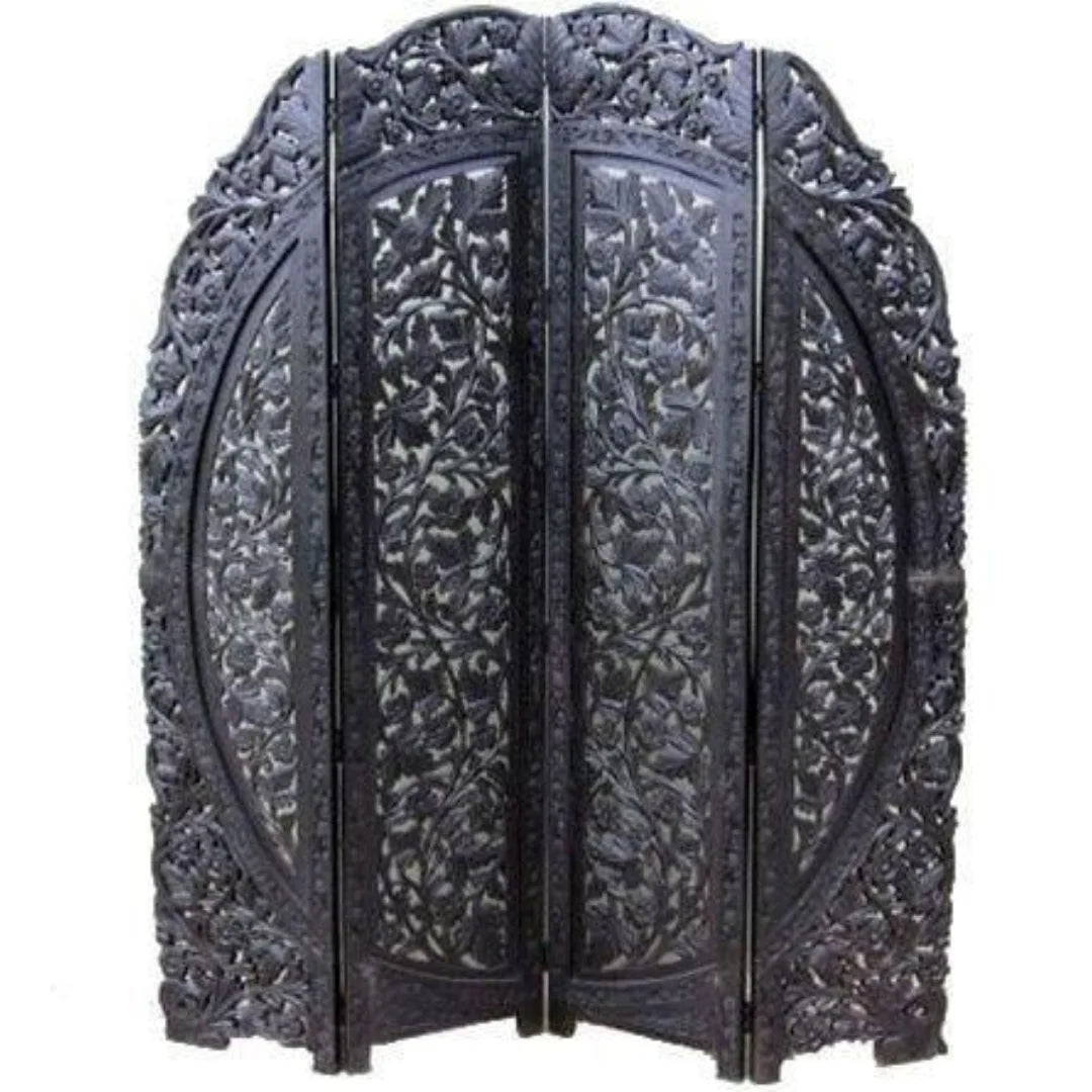 Mughal Four-Panel Room Divider with Floral Lattice Design-Wooden Crest
