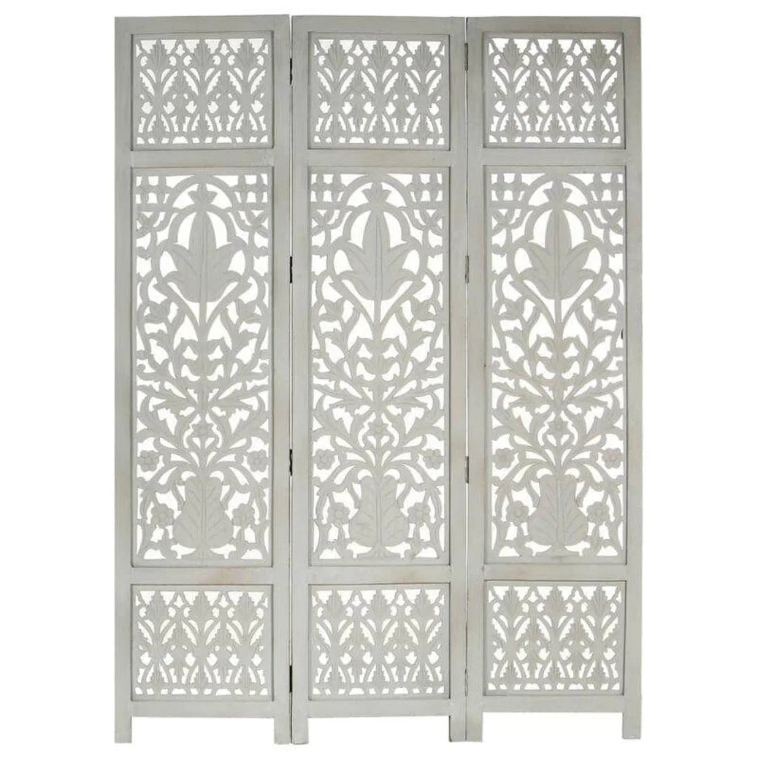 Modern Three-Panel Room Divider with Grid Design-Wooden Crest