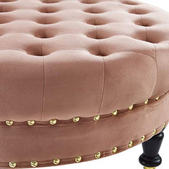 Round Tufted Button Velvet Ottoman Coffee Table-Wooden Crest