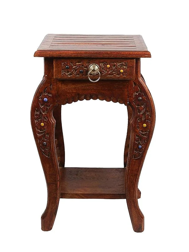Vintage Carved Drawer Side Table with Spindle Design-Wooden Crest