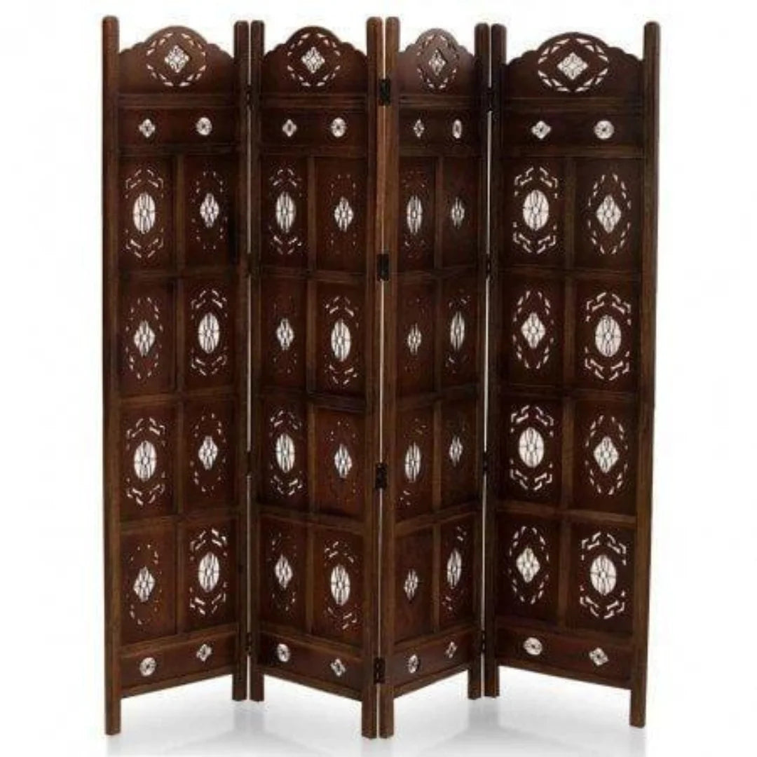 Heritage Four-Panel Room Divider with Diamond Lattice Design-Wooden Crest
