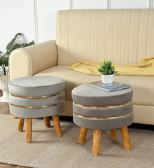 Ottoman Stool for Living Room Set of 2 Sitting Pouffes upholstered pouffe Puffy for Foot Rest Home Furniture Pouf Round Sitting 4 Wooden Legs-Wooden Crest