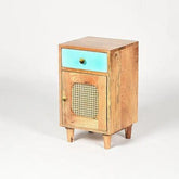 Boho-Chic Side Table with Cane Door and Drawer-Wooden Crest