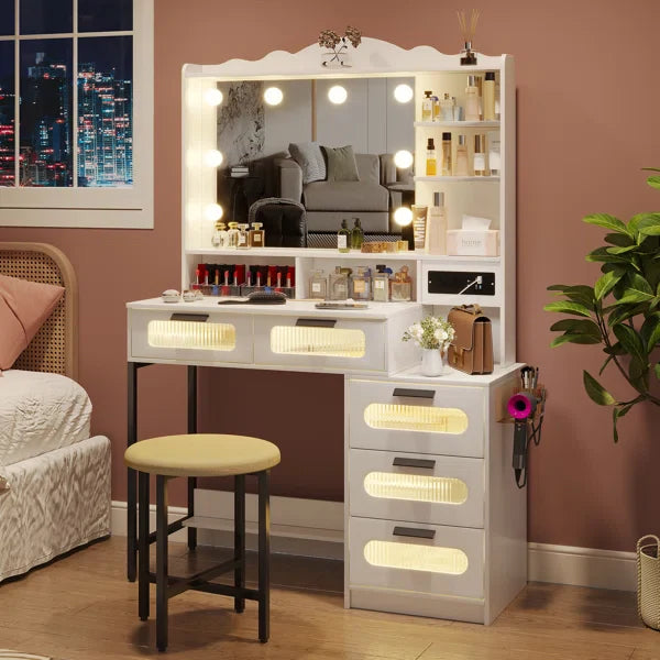Braison Vanity Dressing Table with Mirror & Stool-Wooden Crest