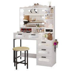 Braison Vanity Dressing Table with Mirror & Stool-Wooden Crest