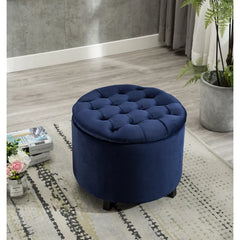 Wide Velvet Tufted Round Storage Ottoman-Wooden Crest