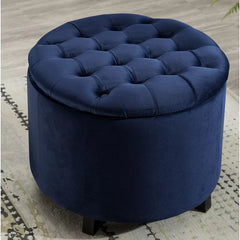 Wide Velvet Tufted Round Storage Ottoman-Wooden Crest