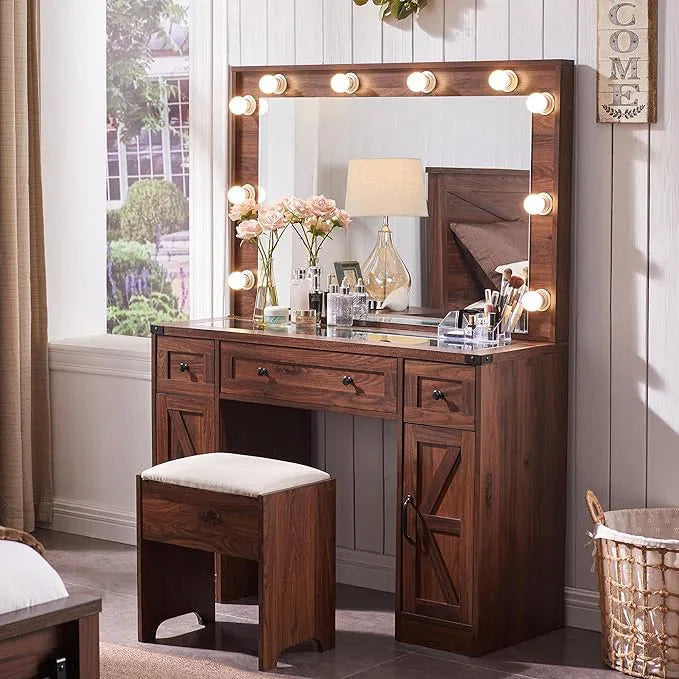 Scott Vanity Dressing Table With Mirror and Stool-Wooden Crest