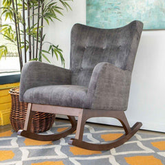 Croce Mid-Century Modern Rocking Chair – Button-Tufted Fabric, Walnut Rockers-Wooden Crest