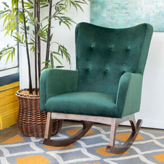 Croce Mid-Century Modern Rocking Chair – Button-Tufted Fabric, Walnut Rockers-Wooden Crest