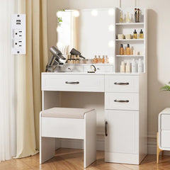 Elainy Vanity Dressing Table with Lighted Mirror & Storage Stool-Wooden Crest