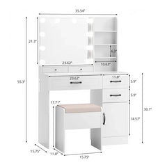 Elainy Vanity Dressing Table with Lighted Mirror & Storage Stool-Wooden Crest