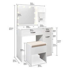 Elainy Vanity Dressing Table with Lighted Mirror & Storage Stool-Wooden Crest