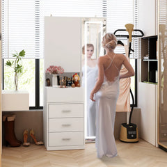 Kenia Full View Vanity Dressing Table with Mirror, Lights, and Storage-Wooden Crest