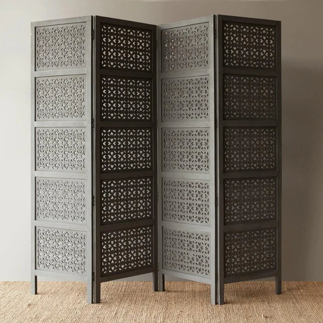 Modern Four-Panel Room Divider with Geometric Lattice Design-Wooden Crest