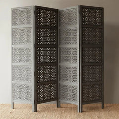 Modern Four-Panel Room Divider with Geometric Lattice Design-Wooden Crest