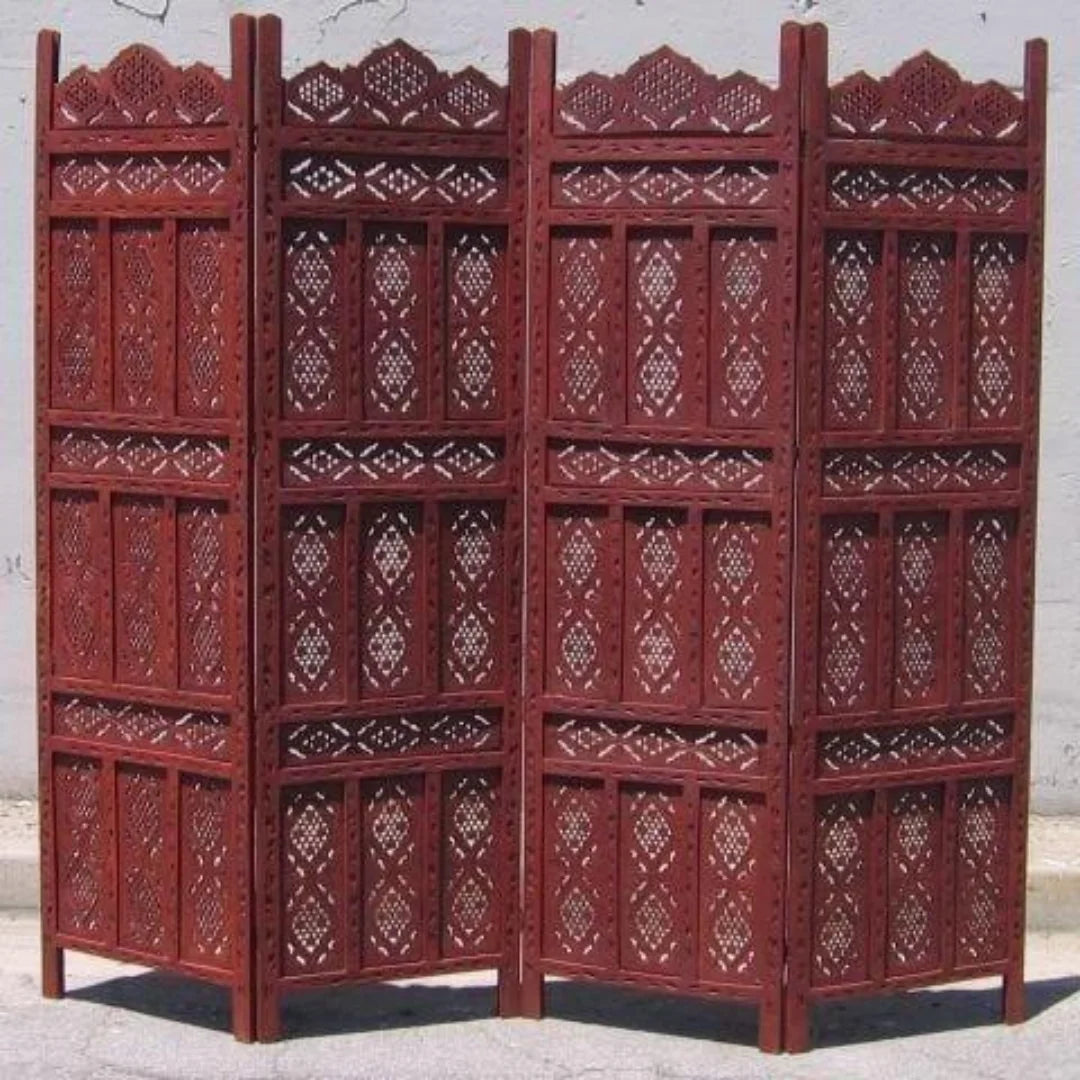 Rajasthani Four-Panel Room Divider with Sheesham Lattice Design-Wooden Crest