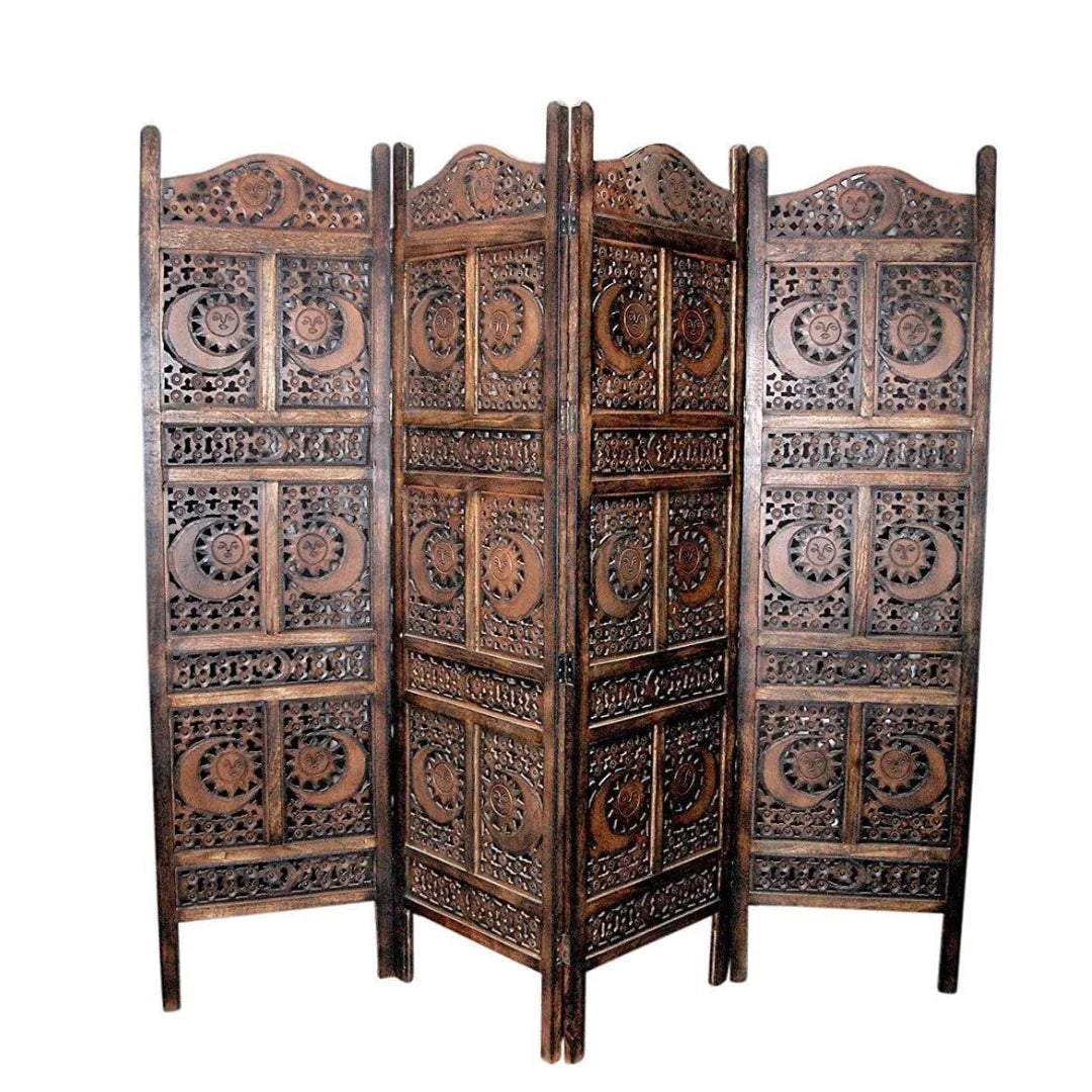 Elegant Four-Panel Room Divider with Geometric Lattice Design-Wooden Crest