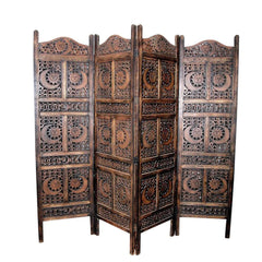 Elegant Four-Panel Room Divider with Geometric Lattice Design-Wooden Crest