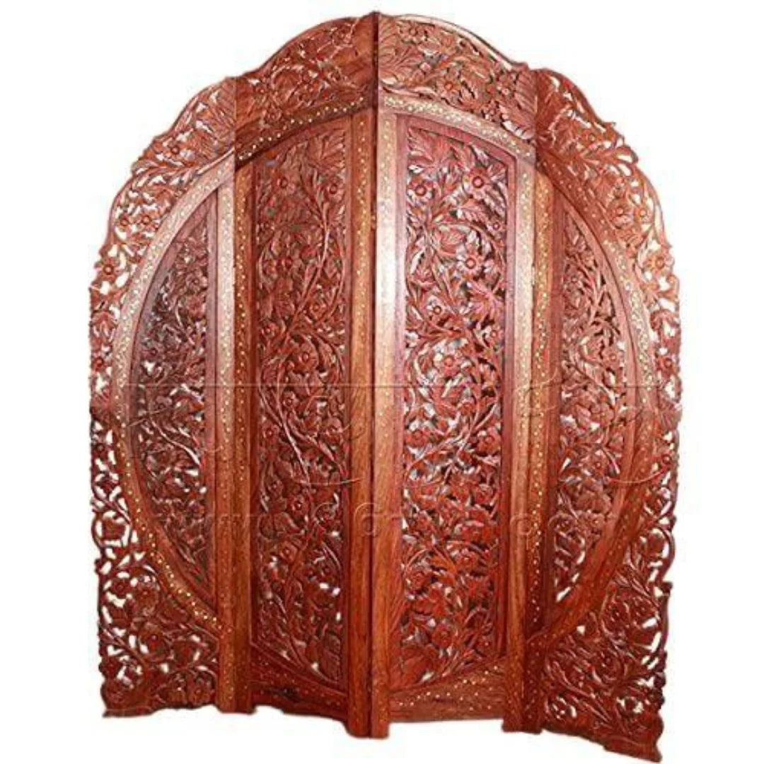 Heritage Four-Panel Room Divider with Lattice Arabesque Design-Wooden Crest