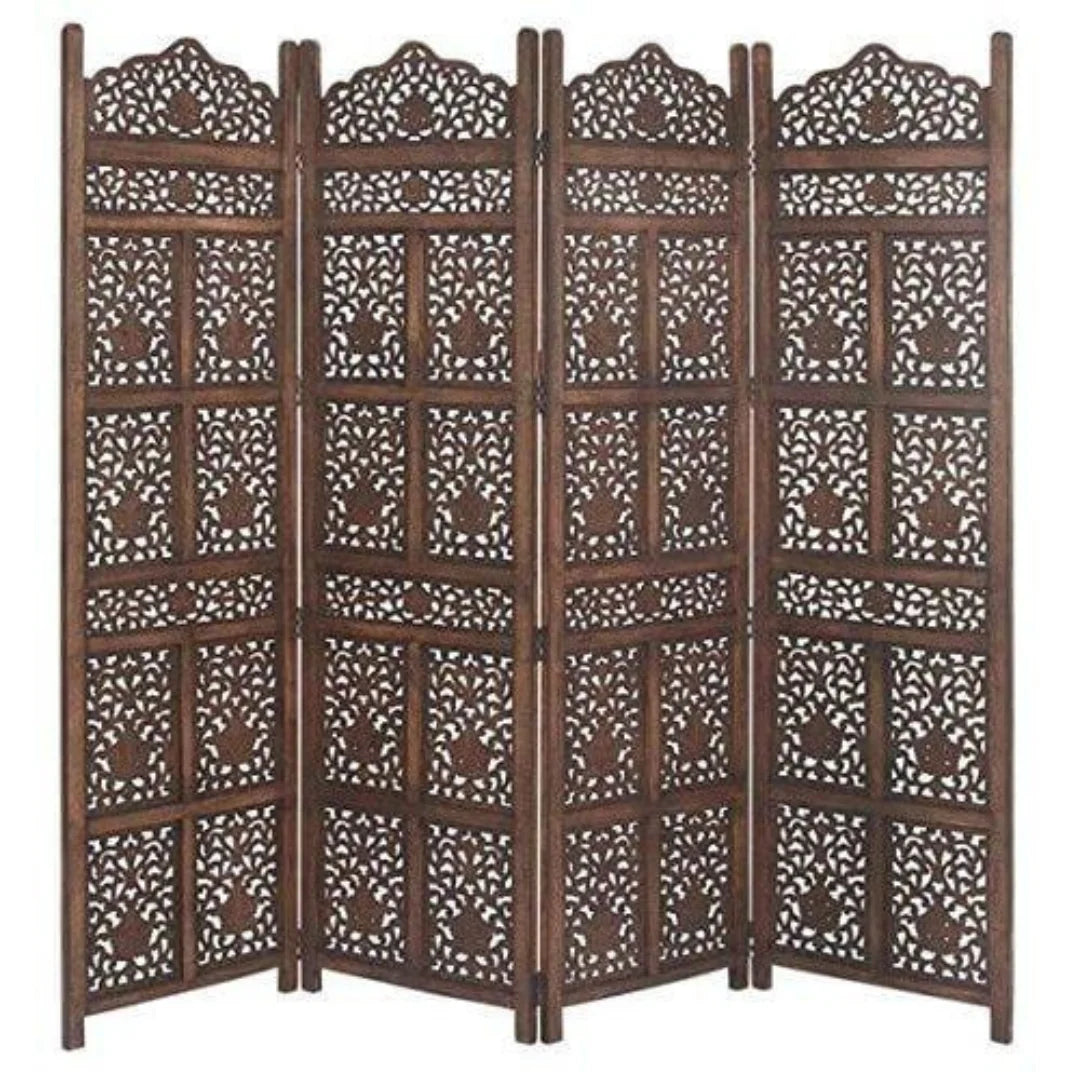 Majestic Four-Panel Room Divider with Ornate Jali Design-Wooden Crest