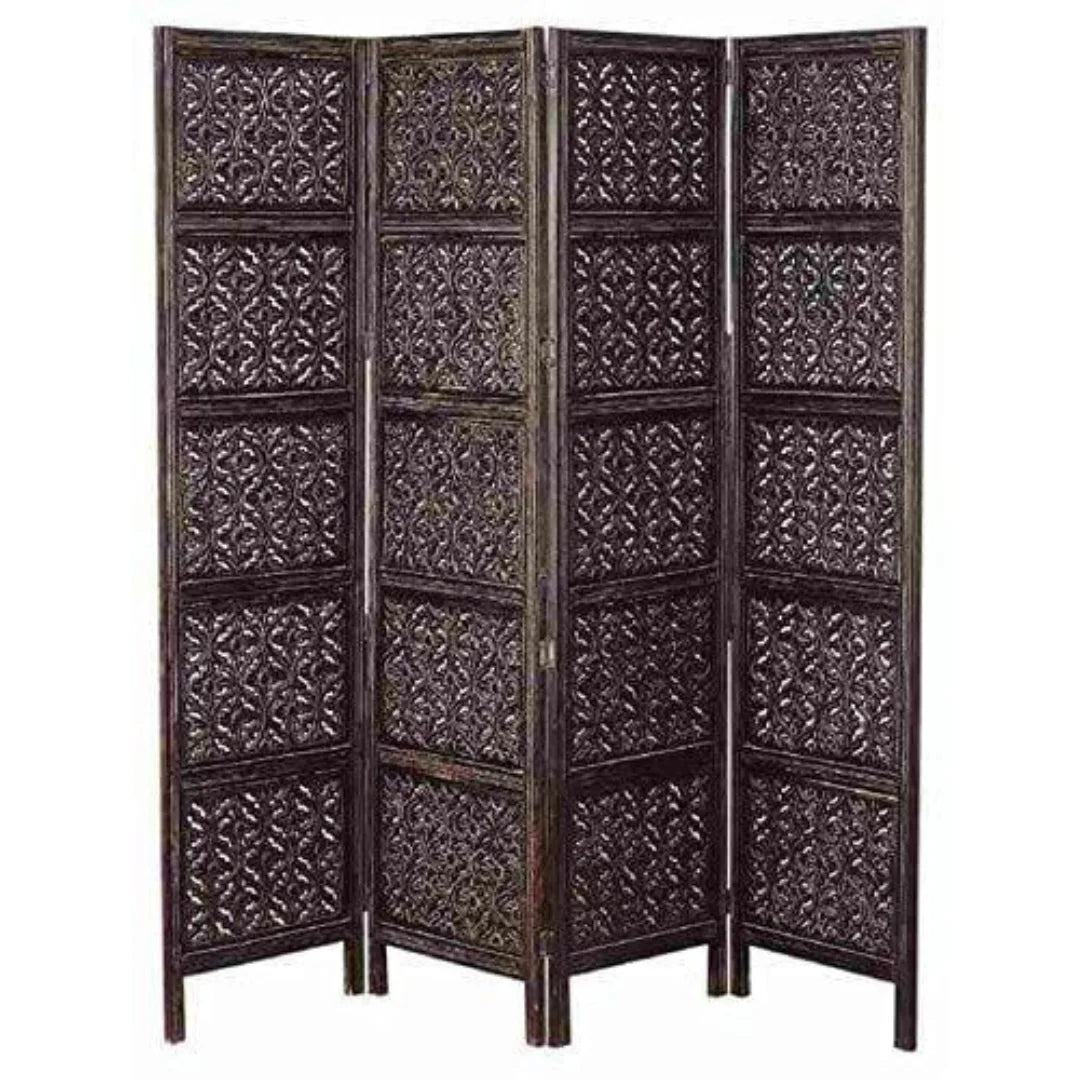 Elegant Three-Panel Room Divider with Floral Lattice Design-Wooden Crest