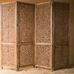 Traditional Four-Panel Room Divider with Floral Lattice Design-Wooden Crest