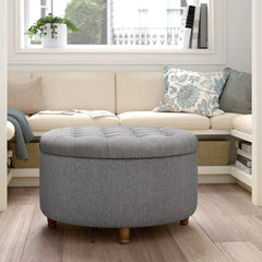 Round Tufted Storage Ottoman-Wooden Crest