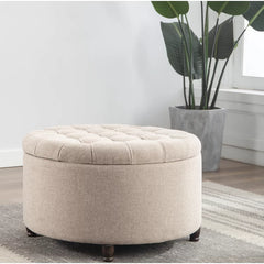 Round Tufted Storage Ottoman-Wooden Crest