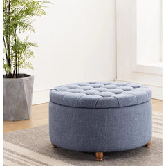 Round Tufted Storage Ottoman-Wooden Crest
