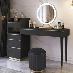 Modern Black Makeup Vanity Set with Lighted Mirror and Stool-Wooden Crest