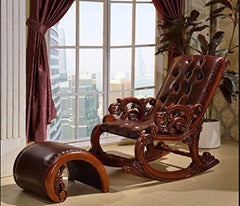 Hand-Carved Teak Wood Rocking Chair-Wooden Crest